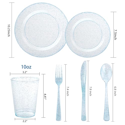 Rubtlamp 180Pcs Blue Glitter Disposable Dinnerware Set for 30 Guests — Plates, Cups & Silverware