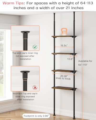 ALLZONE Rustic Brown 4-Tier Floor-to-Ceiling Narrow Bookshelf - Small Space Storage