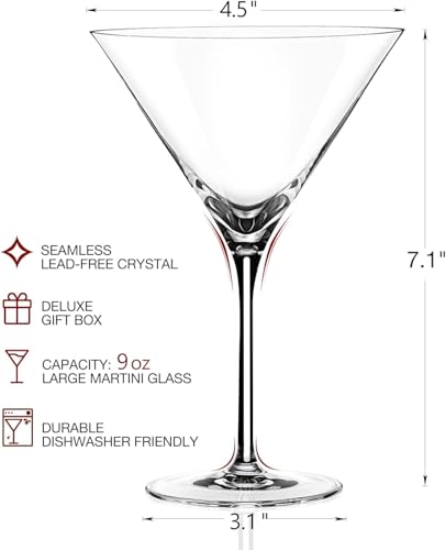 9oz Martini Glasses Set of 4 - Elegant Lead-Free Crystal Cocktail Glasses