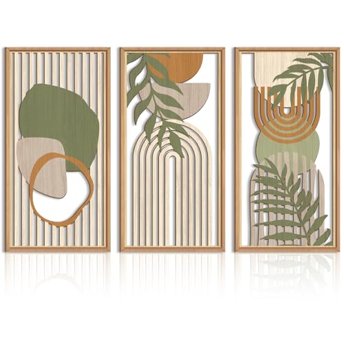 Large Boho Wall Art Set - Green Framed Abstract Leaf Wooden Decor 16x32 Inches