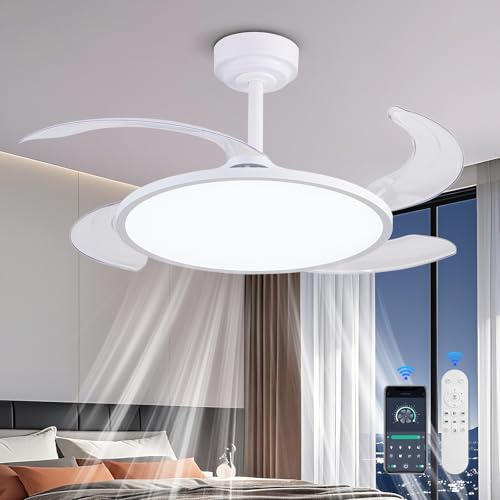 AHAWILL Retractable Ceiling Fan with Lights & Remote - 42'' White Modern Bladeless Fan with Dimmable Full Spectrum LED & Timer
