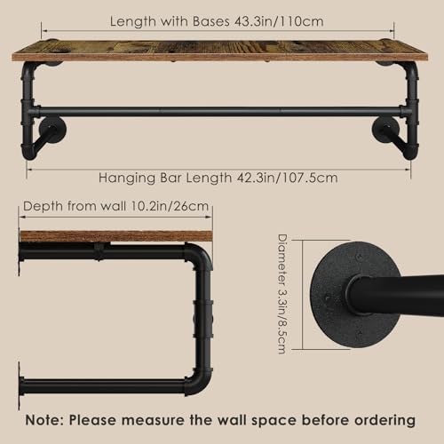 Wall Mounted Clothes Rack with 43.3in Shelf and Hanging Rod - Industrial Pipe Design, Space-Saving Garment Organizer, Black Finish, 110cm Variation