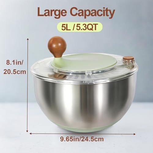 Stainless Steel Salad Spinner 5.3 Qt with Stop Button & Drain Hole, Non-Slip Base, Dishwasher Safe
