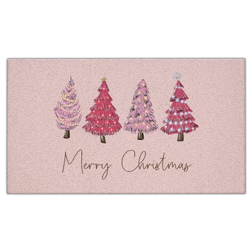 Nogrit Pink Christmas Tree Decor Floor Mat 17x30 Inch Anti-slip PVC Holiday Entryway