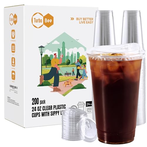 Turbo Bee 24 oz Disposable Plastic Cups with Strawless Lids - 200 Pack