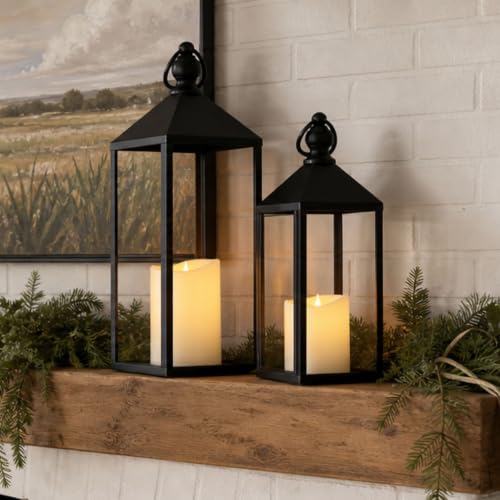 Decorative Lanterns Set of 2 Black Metal Lanterns with Flameless LED Candles - 17 & 13 Inches - Indoor & Outdoor Farmhouse Modern Decor