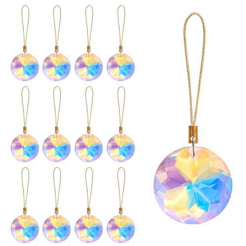 12 Pcs Crystal Glass Christmas Balls Ornaments, 1.18¡È Mini Round Prism Flower Xmas Tree Decorations, Hanging Ornament for Wedding Party Home Decor (Crystal AB)