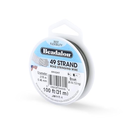 Beadalon 49 Strand Jewelry Wire - Bright .018in / 0.46mm, 100ft / 31m, Flexible Silver Beading Wire - Bright / .018 in / 0.46 mm