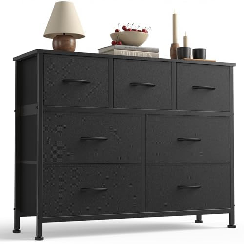 Black 7-Drawer Fabric Dresser with Bins - Space-Saving Bedroom Storage, 39.4 x 11.8 x 30 inches