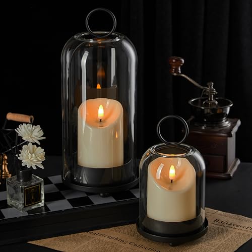 Black Metal Candle Holder with Glass Dome & Timer Candles - Set of 2