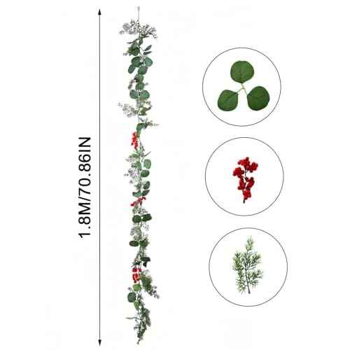 5.9 Feet Eucalyptus Leaves Red Berry Norfolk Pine Christmas Greenery Garland for Table, Mantle, Wall, Indoor, Outdoor Christmas Decorations