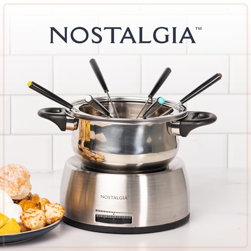Electric Fondue Pot 1.5 Quart Stainless Steel with Temperature Control & 6 Color Forks - Perfect for Chocolate & Cheese - Variation: Stainless