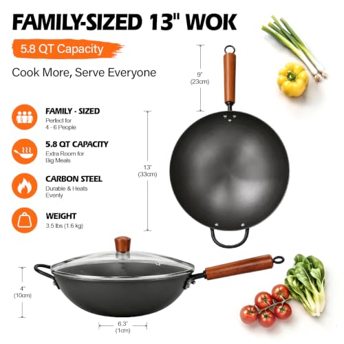 13-Inch Carbon Steel Wok Pan with Glass Lid, Flat Bottom, Pre-Seasoned, Nitrided Technology