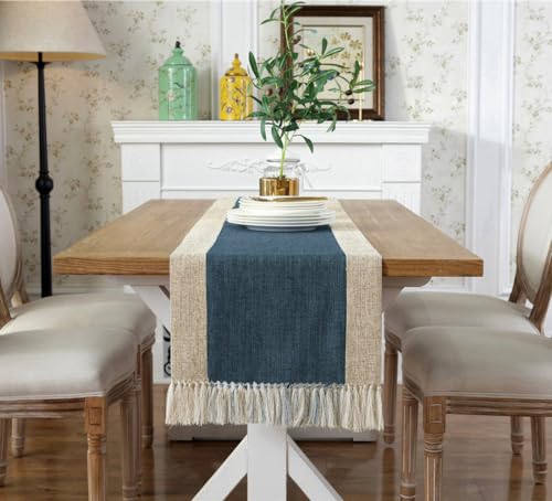 HomeyHo Rustic Blue Table Runner 15 x 108 Inches Fringe & Durable Polyester