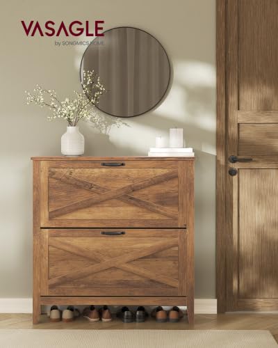 VASAGLE Farmhouse Shoe Cabinet with 2 Flip Drawers, Narrow Storage, Honey Brown, 9.4"D x 34.3"W x 34.6"H