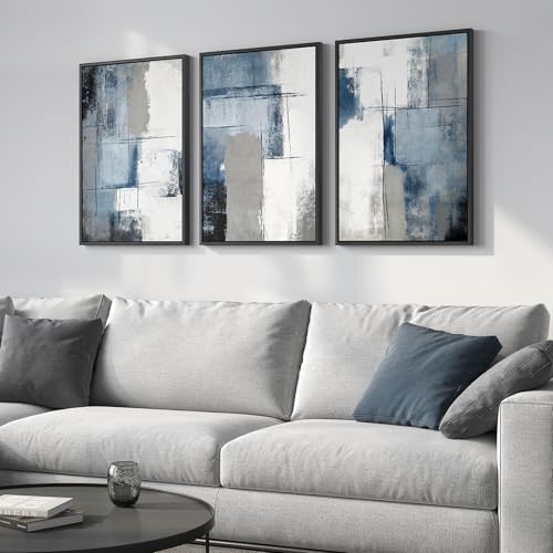 Cuspin 16x24 Inch Set of 3 Blue and Gray Abstract Modern Wall Art - Ash Blue Balance