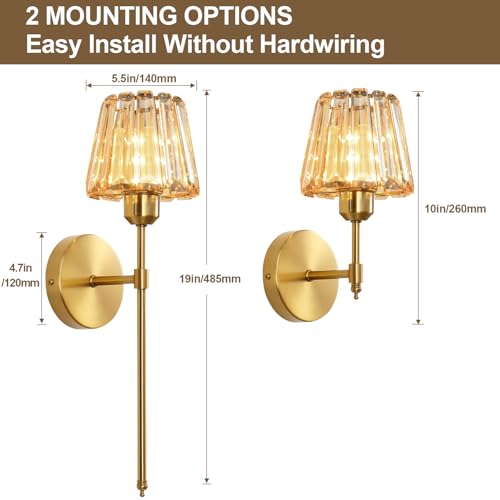 Amber Rechargeable Crystal Wall Sconce Set of 2 with Remote, Dimmable 12 Color Modes, Battery Operated LED Wall Lights for Bedroom & Living Room