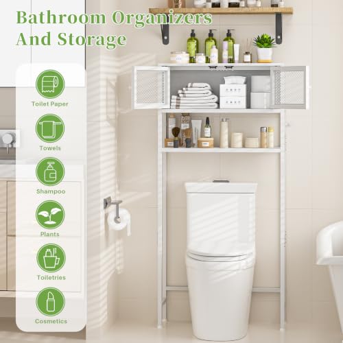 Over Toilet Storage Cabinet with Doors - White Bathroom Organizer Shelf