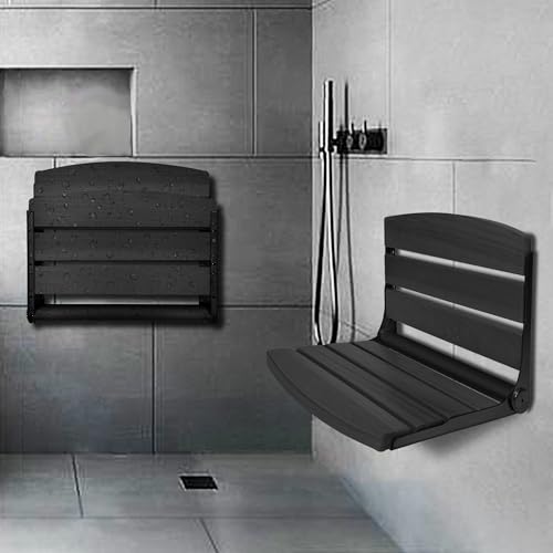 Black Folding Wall-Mounted Shower Seat with Teak Wood, 17.5x13 Inches