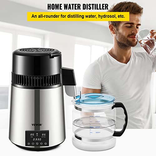 Water Distiller with Timing & Dual Temperature Display - 304 Stainless Steel, 0.3 Gal/H, 1.1 Gal Capacity, Glass Carafe, 3 Carbon Bags