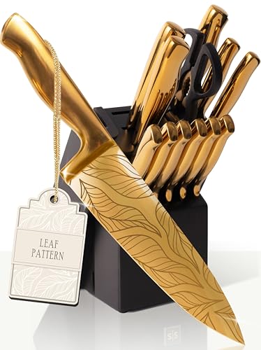 Styled Settings Gold Knives with Etched Leaves Pattern and Sharpener