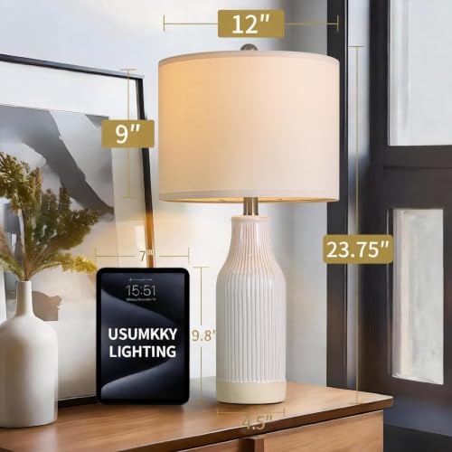 2 Pack Modern Ceramic Table Lamps - 23.75 Inches for Living Room Bedroom Nightstand - White