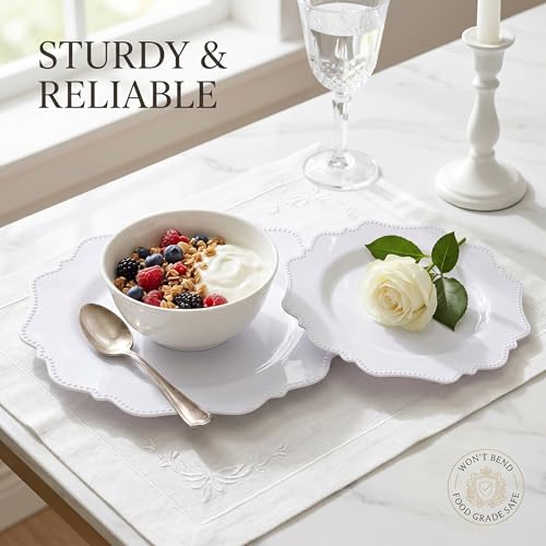 White Disposable Plastic Plates - 100 Pack, Beaded Party Dinner & Dessert Plates