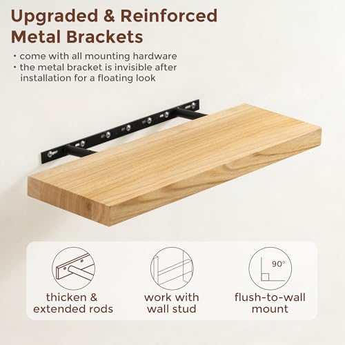 Natural Wood Floating Shelves 24 Inch Set of 2 - Wall Mount Storage