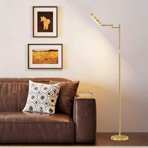 Antique Brass Gold LED Floor Lamp with Remote, Adjustable Height & Dimmable Light