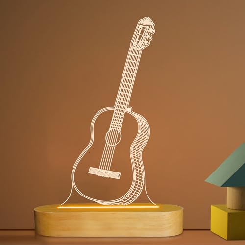 Guitar 3D Illusion Optical Night Light LED Bedside Lamp for Children Men Him Musicians Lovers Christmas Gifts Soft Warm White Colour
