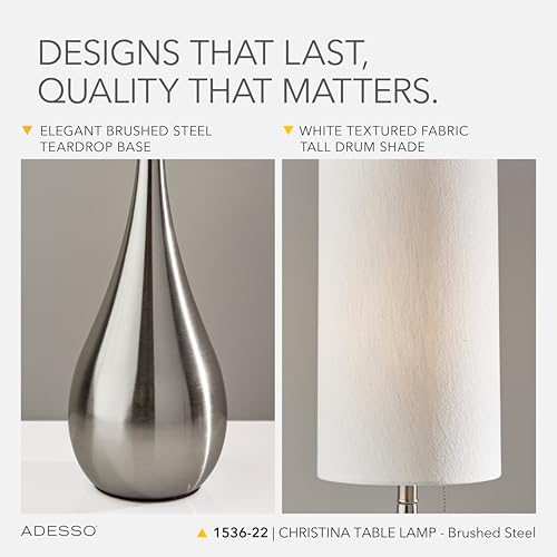 Adesso Brushed Steel Table Lamp with White Fabric Shade - Modern Accent Lamp, 34.5" Tall - Table Lamp