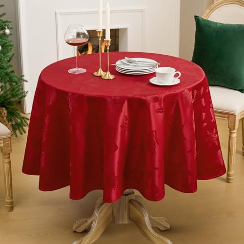Softalker Christmas Jacquard Round Tablecloth 70in Red Flower Red