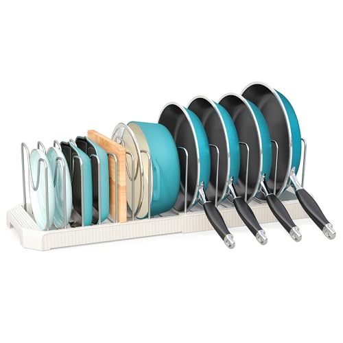 White Expandable Pan Organizer with 12 Adjustable Dividers - Inside Cabinet Storage