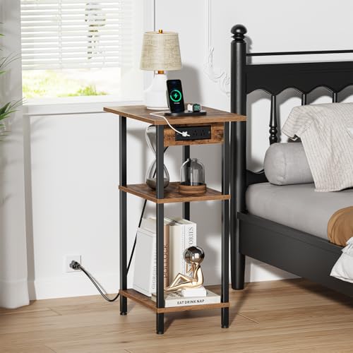 Rustic Brown Tall End Table with Charging Station - 30 Inch Nightstand with Storage