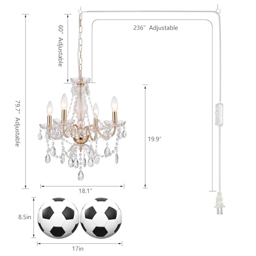 Plug-in Gold Crystal Chandelier French Country Pendant Lighting - 4 Light