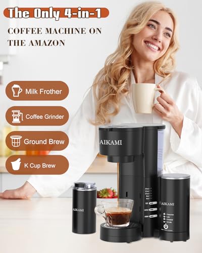 AIKAMI 4-in-1 Single Serve Coffee Maker with Milk Frother & Grinder, K-Cup & Grounds, 30oz Water Reservoir