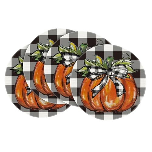 Artoid Mode Buffalo Plaid Pumpkin Round Placemats 14" Set of 4 Black/Orange