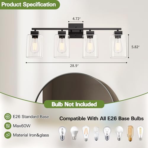 Espird 4-Light Matte Black Bathroom Vanity Light Fixture - Square Design, UL Certified, Over Mirror Farmhouse Lighting, Black