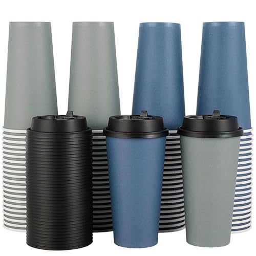 20 oz Disposable Paper Coffee Cups with Lids - Blue & Gray Variation