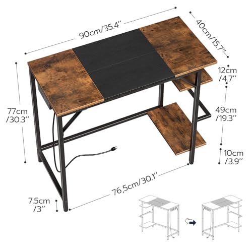 Small Computer Desk with Power Outlet & Shelves - Rustic Brown & Black, 35.4 Inch Modern Home Office Desk with Reversible Design