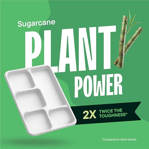 100% Compostable, Large 5 Compartment, Disposable Tray [100-Pack] -