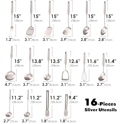 Stainless Steel Cooking Spoons Set 16 Pieces - All Metal Utensils, Includes Tongs & Ladles