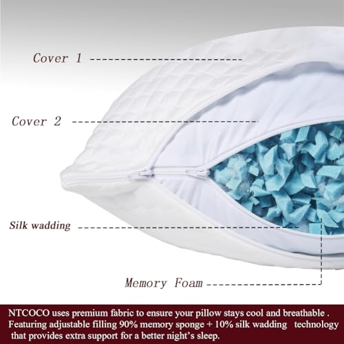 White Queen Shredded Memory Foam Pillow Set of 2 - Hypoallergenic Sleep Support