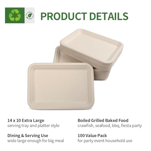 AICHEF 14x10 Inch Disposable Food Trays Pack of 100 - Heavy Duty, Eco-Friendly, Party & Catering Use