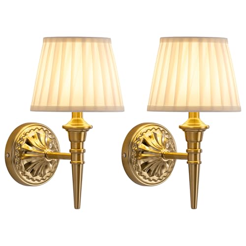 Gold & Beige Cordless Wall Sconces Set of 2 - Dimmable Fabric Lamps with Remote