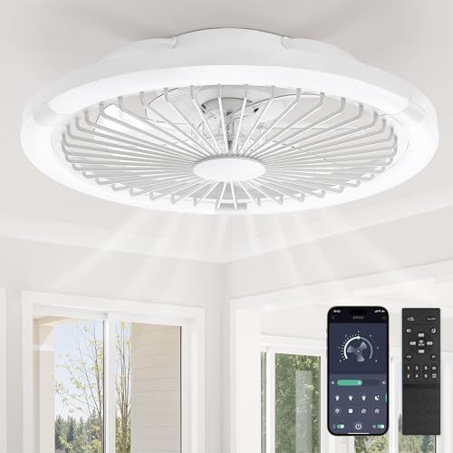 White 20-Inch Low Profile Bladeless Ceiling Fan with Light Remote App Control