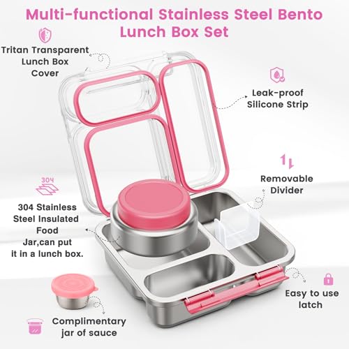 Kids Pink Stainless Steel Bento Box Set with 7oz Soup Thermo & 3 Compartments