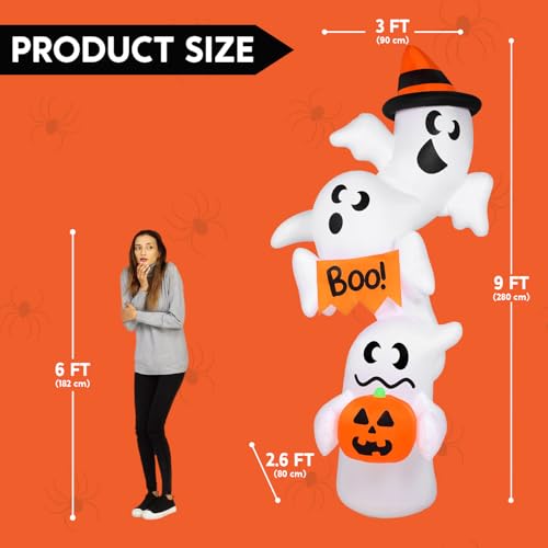Giant Inflatable Ghost Halloween Yard Decoration with LEDs, Outdoor Blow Up Decor