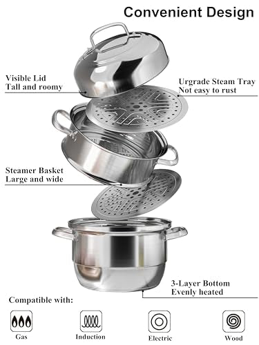 VENTION 3-Tier Induction Steamer Pot 13.4 Inch / 14.7 Qt with 2 Trays & Basket