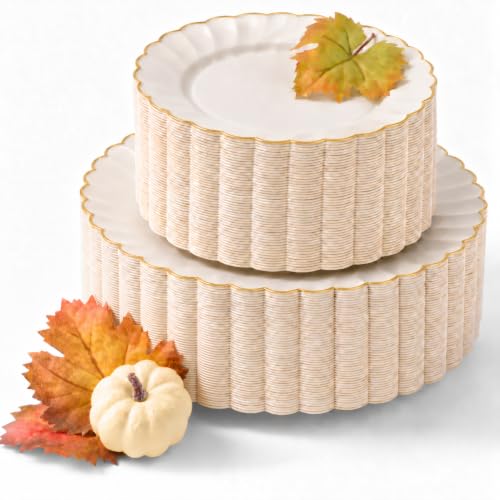 By Madee Ivory and Gold Heavyweight Disposable Plastic Plates 100 Pc Wedding & Party Set